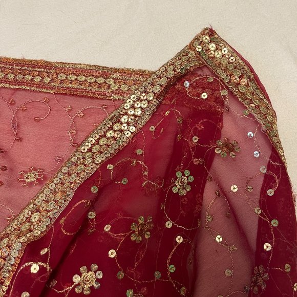 Bollywood Sheer Maroon Embroidered Sequin Scarf 34” X 76” From India - Picture 6 of 10